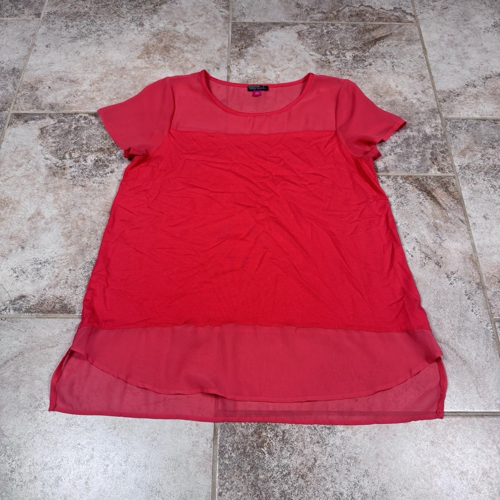 Vince Camuto Combo Blouse Women's Large Short Sleeve Pink Fairy Sheer